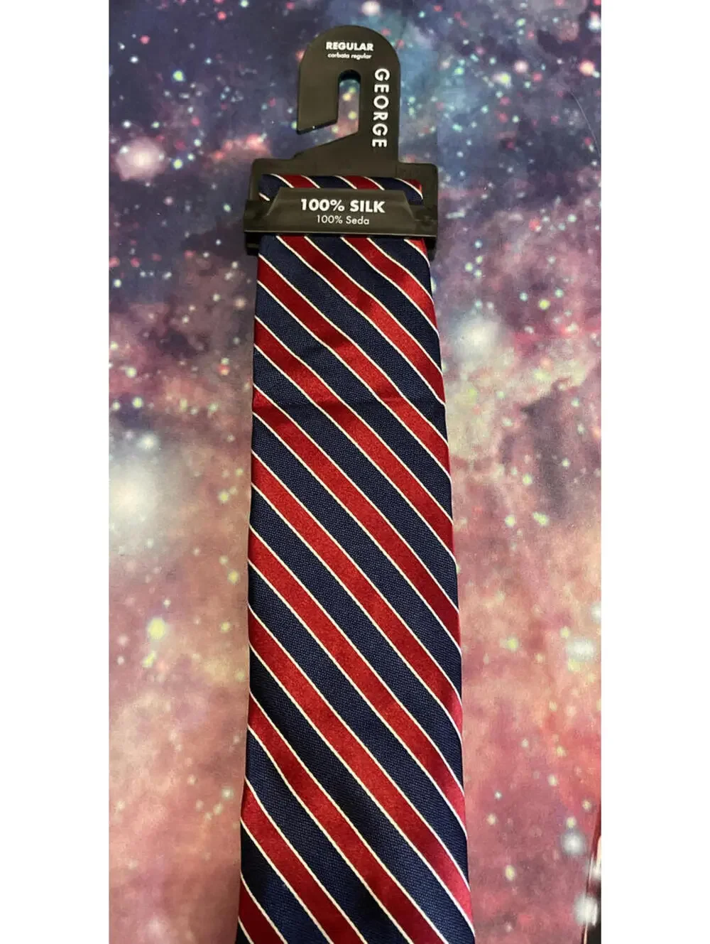 George Mens Blue & Red 100% Silk Pointed Neck Tie NWT! M1420
